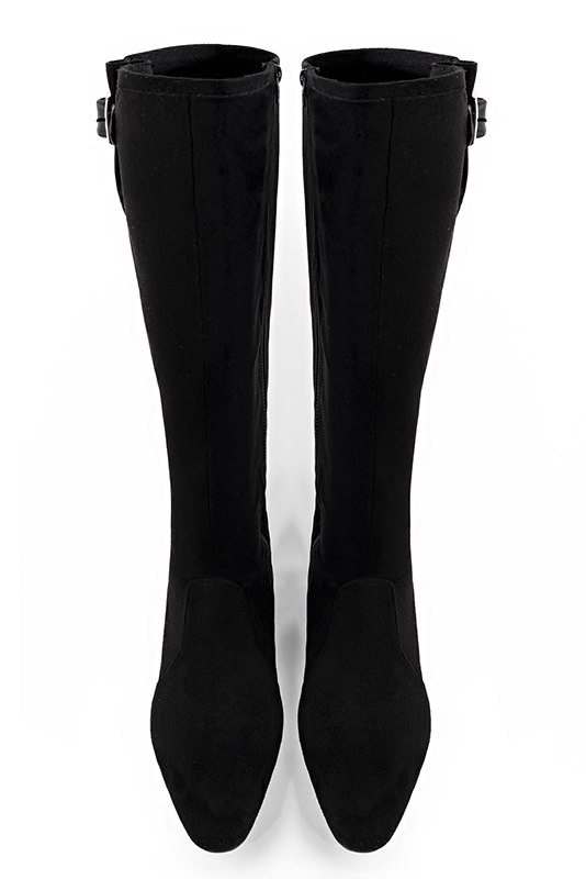 Matt black women's knee-high boots with buckles. Round toe. Low flare heels. Made to measure. Top view - Florence KOOIJMAN